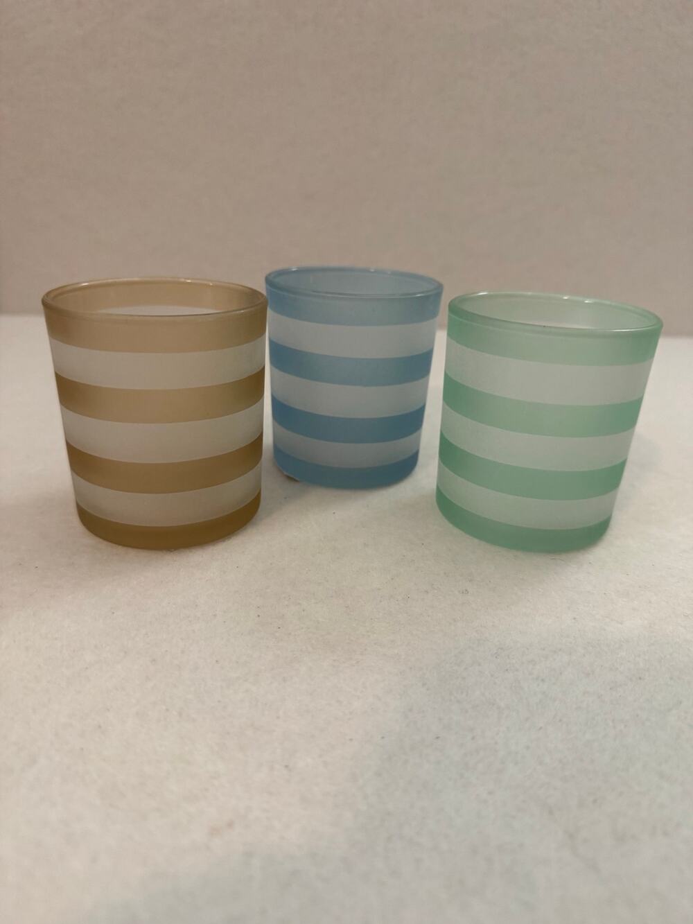 Yankee Candle New 3 Piece Striped Candle Holders Frosted Blue Green Sand